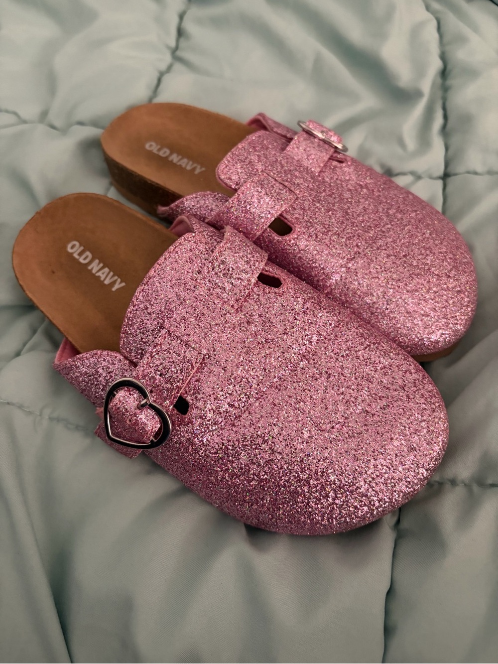 Old Navy Glitter Pink Kids Slip-On Clogs with Heart Buckle